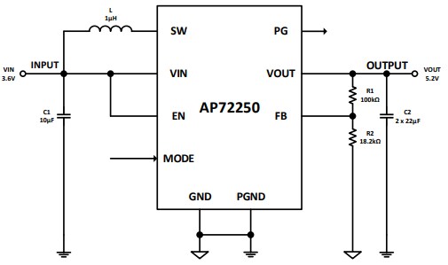 Applikations-Schaltungsdiagramm - Diodes Incorporated AP72250 Synchroner Aufwärtswandler